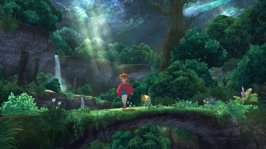 A child in a red cloak walks across a stone bridge in a vibrant forest with waterfalls and sunlight. — Ghibli Background