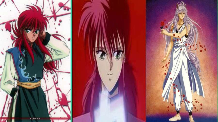 Drei Anime-Charaktere mit rotem und silbernem Haar zwischen fallenden Blütenblättern und Blutspritzern. — Ghost Fighter Bilder