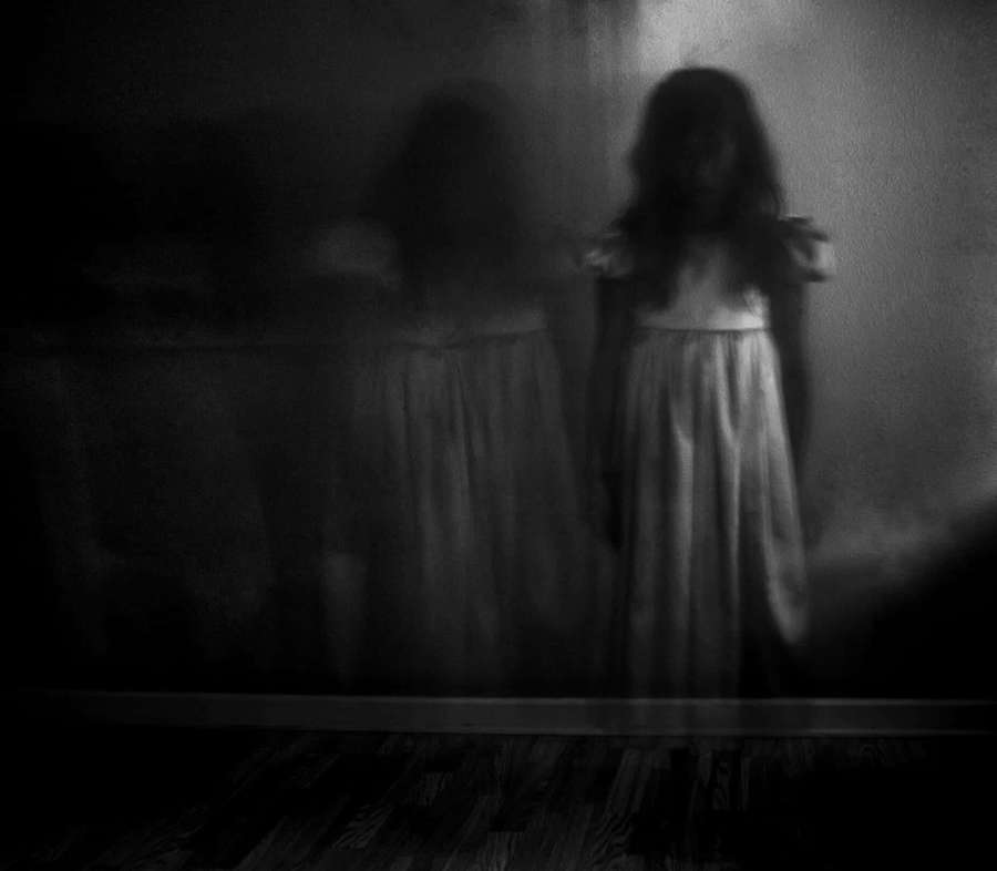 A ghostly girl in a dress stands in a dim room with a blurred reflection on the wall. — Ghost Picture