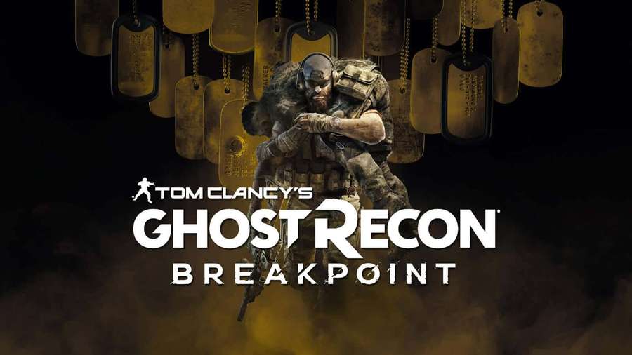 Soldier in combat gear under hanging dog tags with Ghost Recon Breakpoint title. — Ghost Recon Background