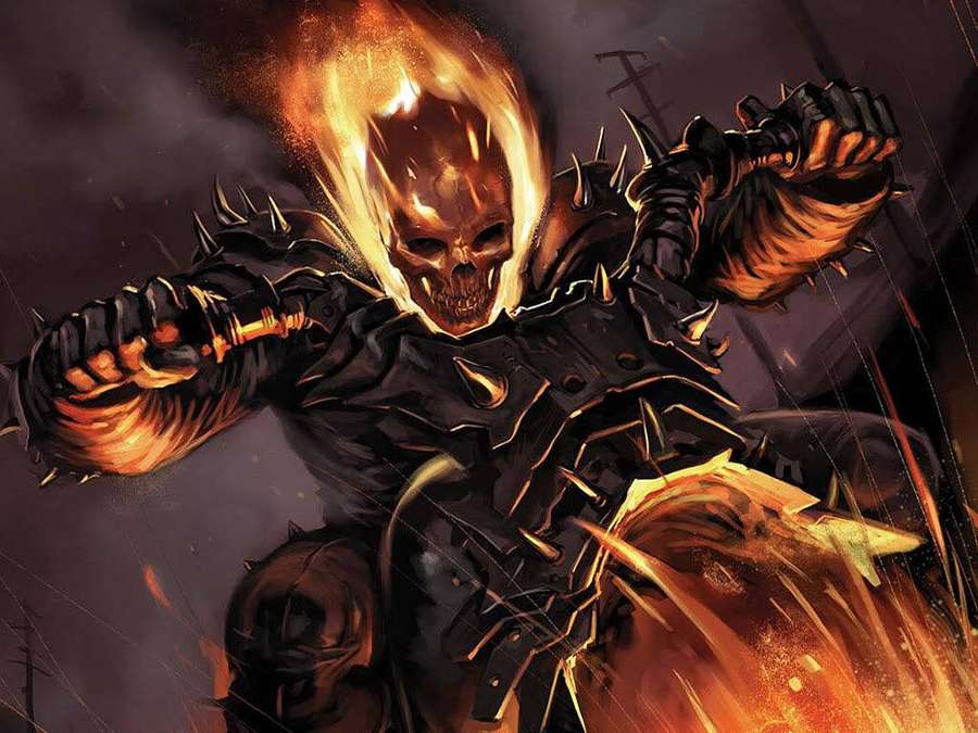 Ghost Rider on flaming motorcycle with skull head and spiked armor in stormy night. — Ghost Rider Background