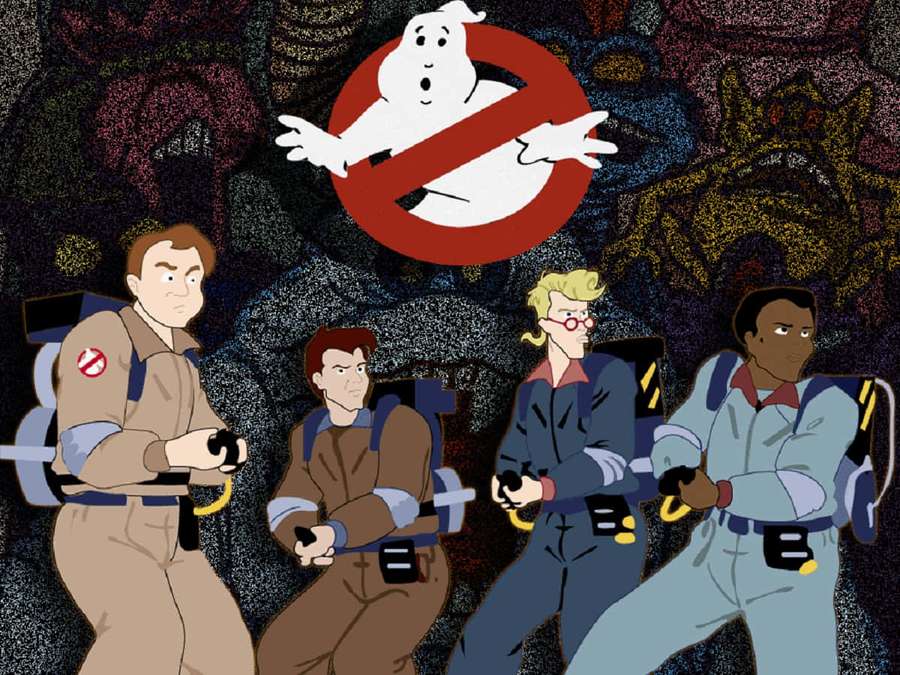 Four Ghostbusters in gear facing a haunted background with their logo above. — Ghostbusters Background