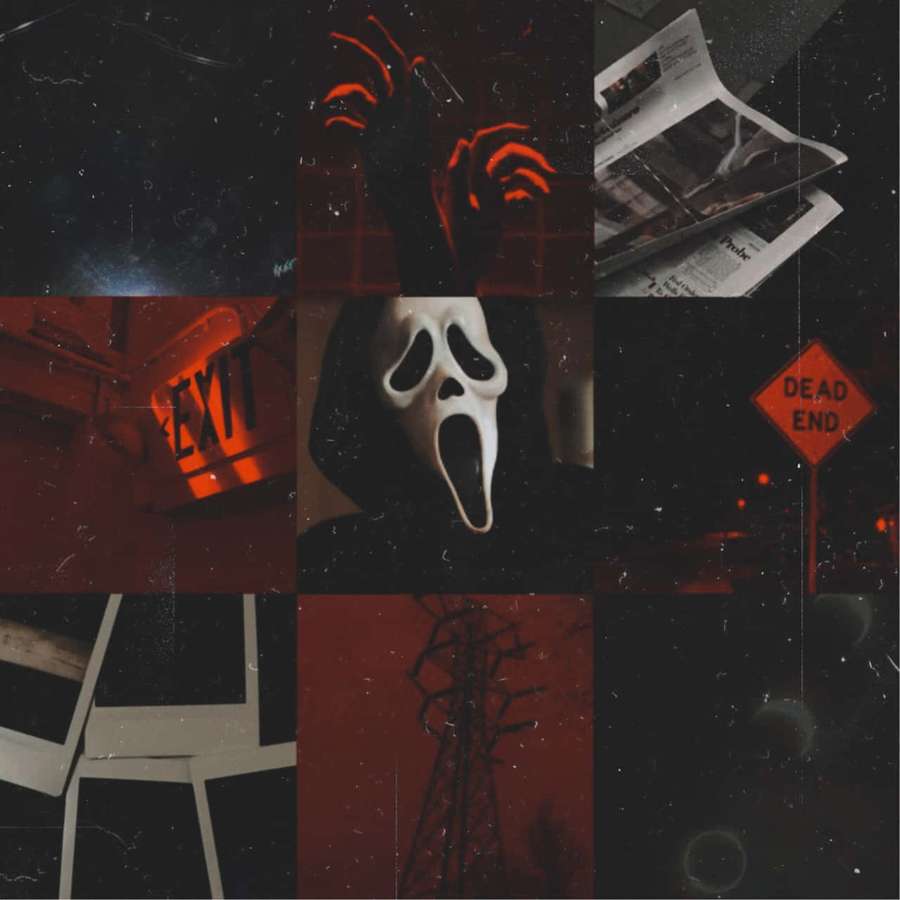 Horror-themed collage with ghost mask red hands and ominous signs. — Ghostface Aesthetic Wallpaper