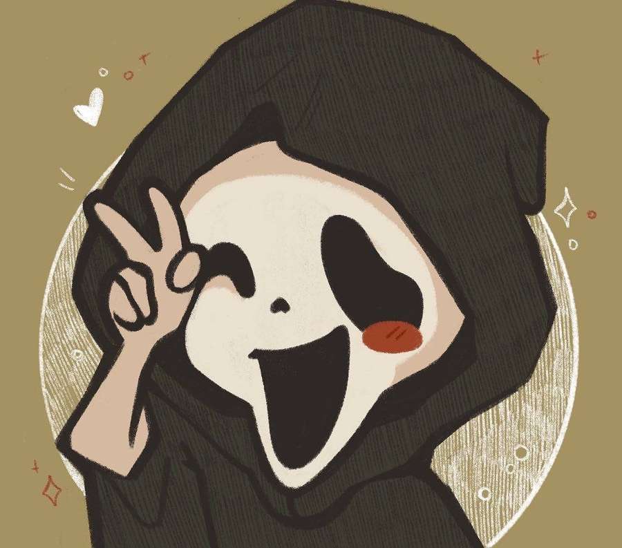 A smiling ghost in a black hood making a peace sign gesture. — Ghostface Pfp Wallpaper