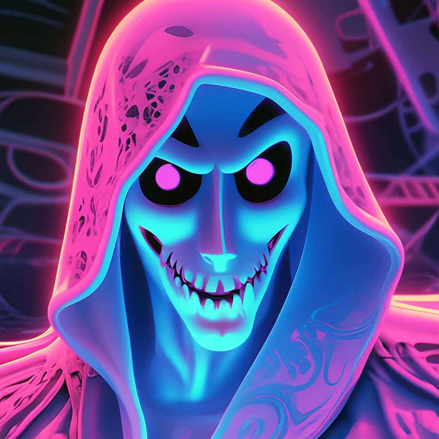 Neon glowing ghost with sharp teeth and purple eyes in a dark cyberpunk style. — Ghostface Pink Wallpaper