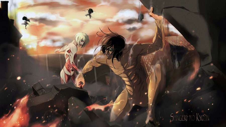 Anime giants battling in a fiery ruined city at sunset. — Giant Creatures Wallpaper