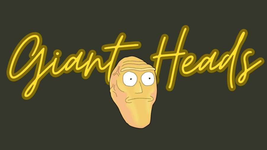 A cartoon potato face with wide eyes under the words 'Giant Heads' in glowing yellow script. — Giant Heads Wallpaper