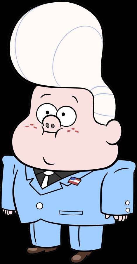 Ein fröhlicher Cartoon-Schweinekoch in blauem Anzug und hohem weißen Hut. — Gideon Hintergrundbild