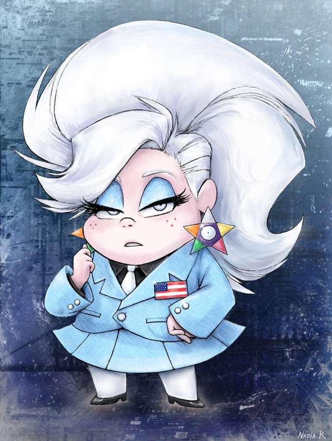 Chibi anime character with white hair and blue eyes in a blue suit with American flag pin. — Gideon Wallpaper
