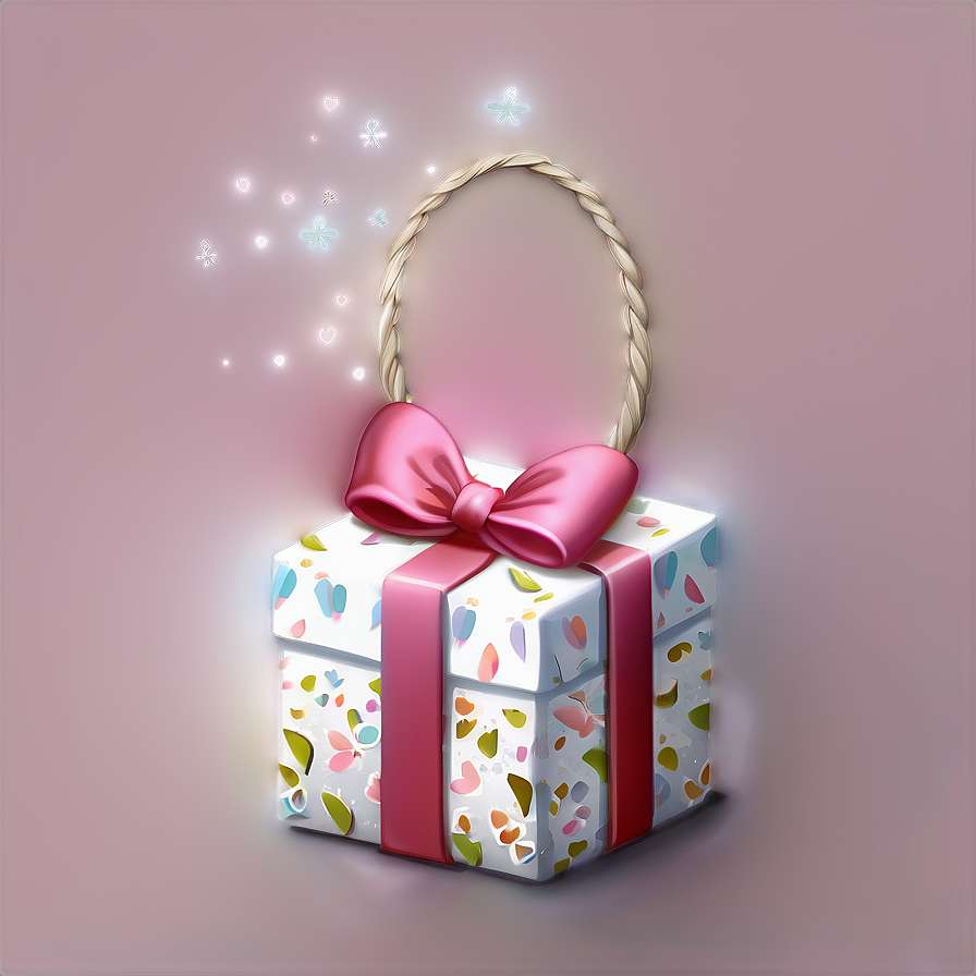 A glowing gift box with a pink bow and floral pattern emits sparkling lights. — Gift PNG