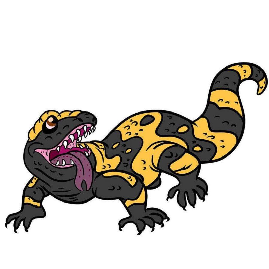 Cartoon black and yellow lizard with open mouth and sharp teeth. — Gila Monster Background