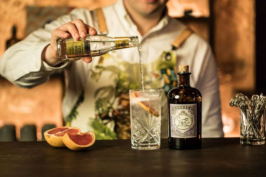 Barkeeper gießt Tonic Water in einen Gin-Cocktail mit Zitrusfrüchten und Eis. — Gin Bilder