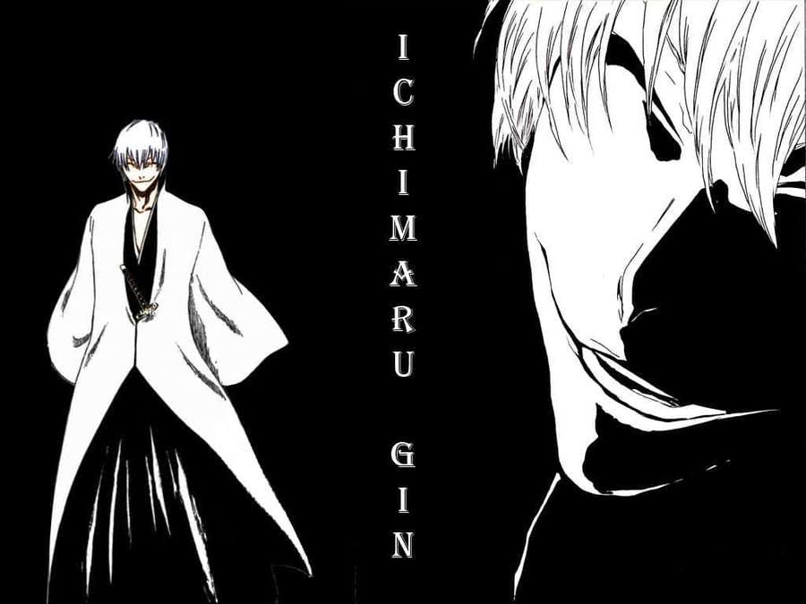 Anime character Ichimaru Gin in white coat with text and close-up profile. — Gin Ichimaru Wallpaper