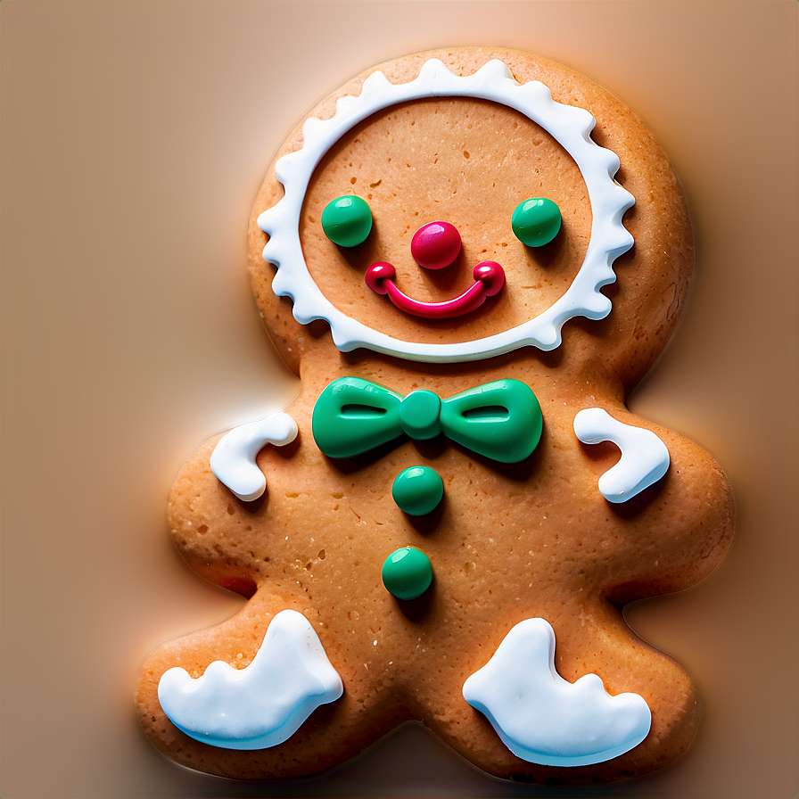 A decorated gingerbread man cookie with green bowtie and white icing. — Gingerbread PNG