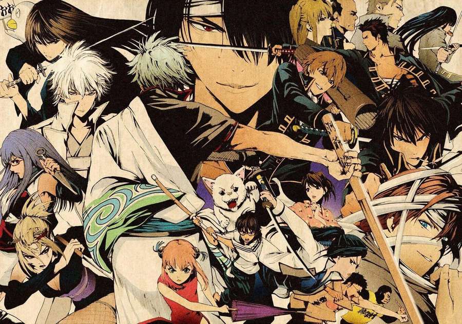 Anime characters in traditional Japanese clothing wielding swords in combat poses. — Gintama Background