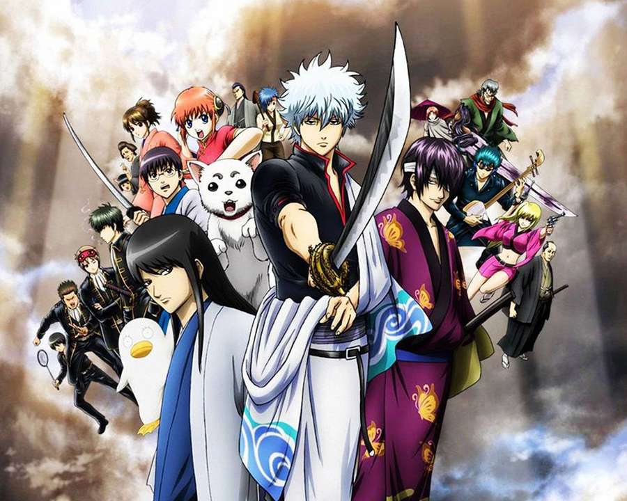 Anime characters in samurai attire wielding swords against a stormy sky. — Gintama Wallpaper