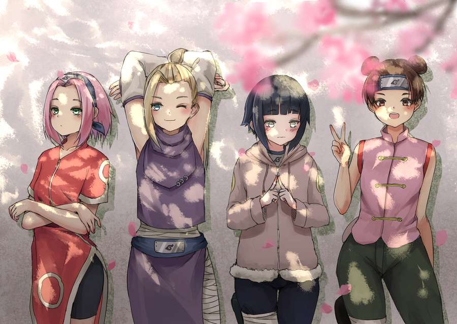 Fire anime ninja-piger poserer under kirsebærblomster om foråret. — Girls Wallpapers