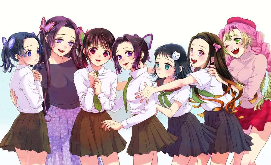 Seven anime girls in school uniforms hugging and smiling together. — Girls Background