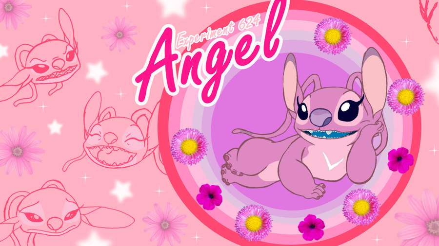Rosa Cartoon-Alien mit großen Augen, umgeben von Blumen und Sternen. — Girly Desktop Bilder Hintergrund Wallpaper