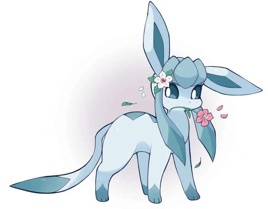 Blaues Anime-Wesen hält rosa Blume mit weißer Blüte auf dem Kopf — Glaceon Bilder