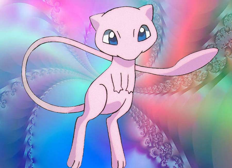 Rosa Anime-Kreatur mit blauen Augen vor farbenfrohem Fraktal-Hintergrund — Glänzend Wallpaper