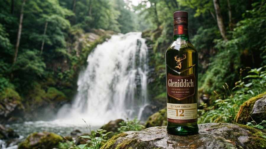Glenfiddich bottle by a waterfall in a lush forest. — Glenfiddich Picture
