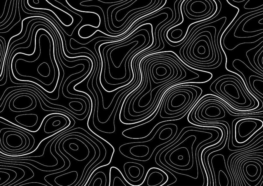 Schwarzer Hintergrund mit weißen topografischen Höhenlinien, die ein fließendes abstraktes Muster bilden — Gliederung Wallpaper