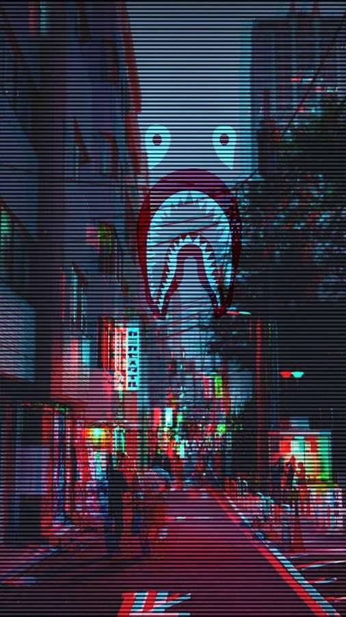 Una calle cyberpunk con una cabeza de tiburón gigante y luces de neón con glitch — Glitch Fondos de pantalla