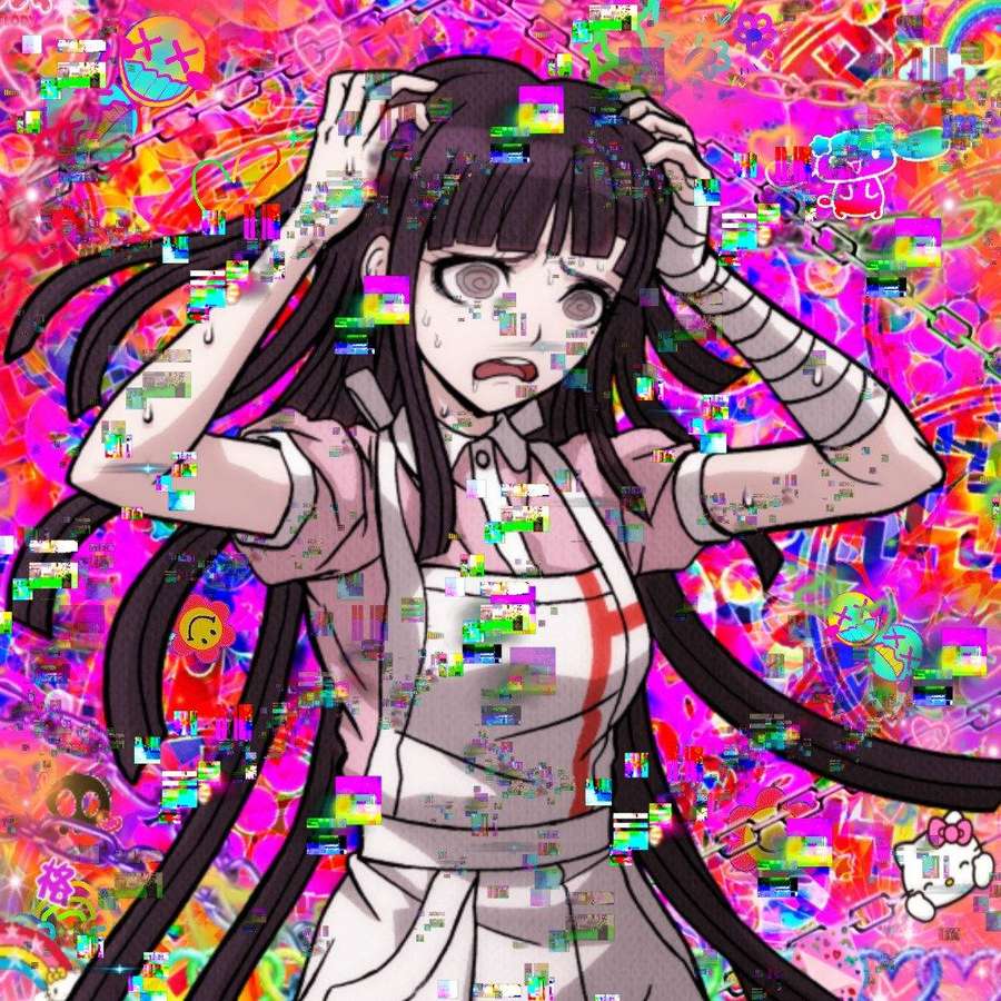 Anime-jente med langt mørkt hår ser plaget ut midt i en fargerik digital glitch-effekt. — Glitchcore Bakgrunner