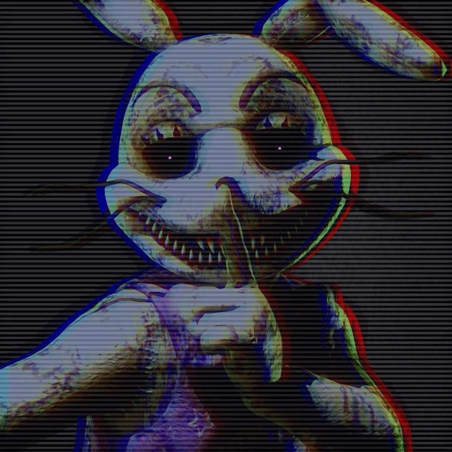 Glitchiges Horror-Animatronic-Kaninchen mit scharfen Zähnen und leuchtenden Augen. — Glitchtrap Wallpaper