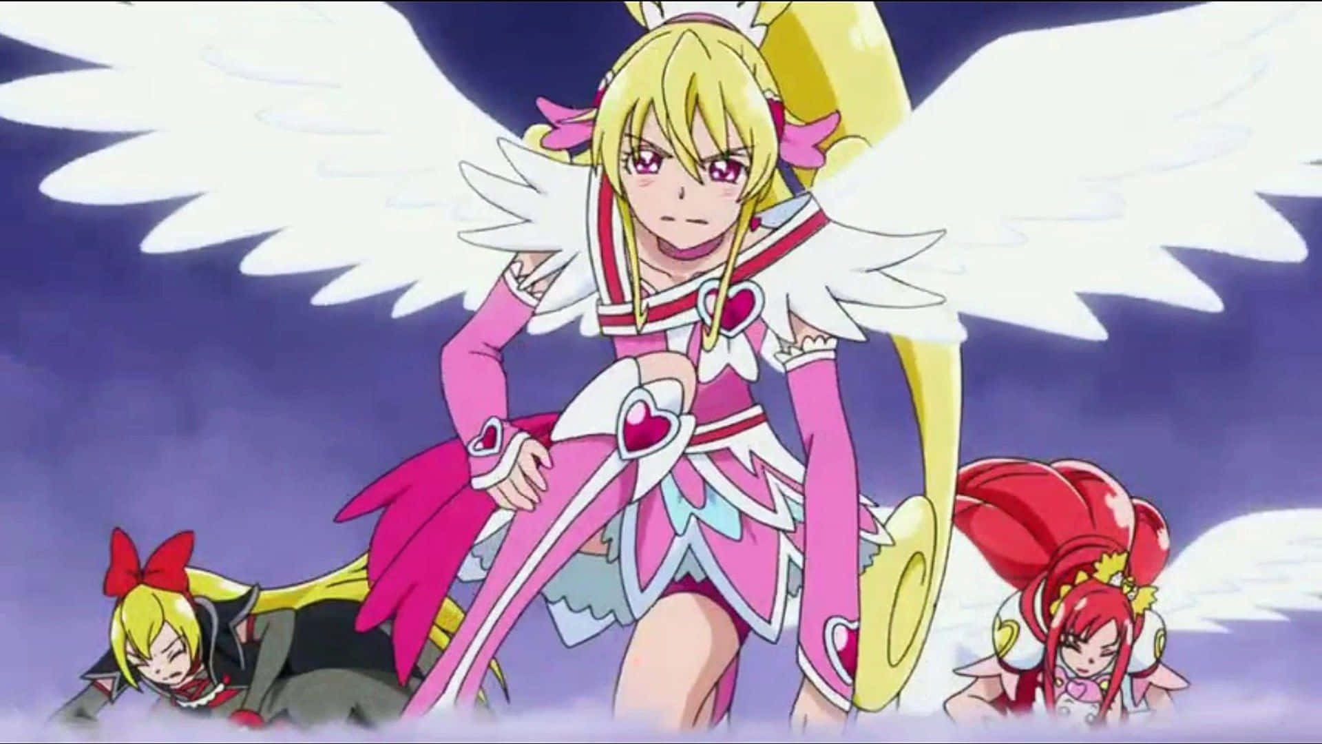 Anime-tjej med vita vingar och rosa outfit stående över två besegrade fiender i en lila himmel. — Glitter kraft Bakgrundsbilder