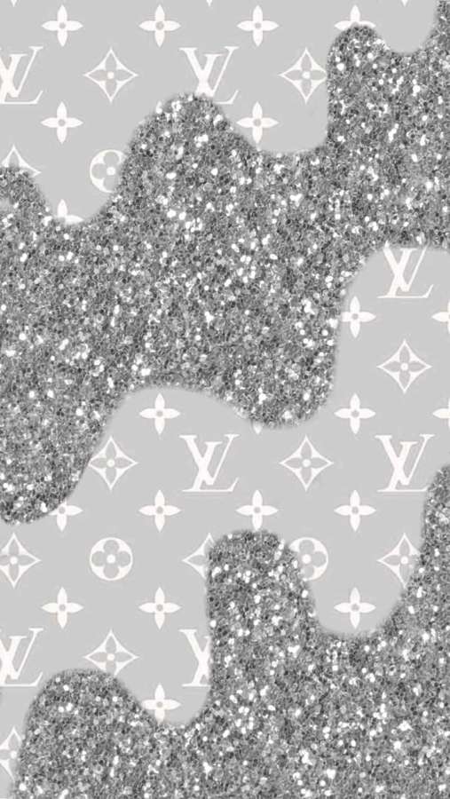 Glitter prateado sobrepõe um padrão repetitivo de monograma Louis Vuitton em cinza. — Glitter prateado Papéis de Parede