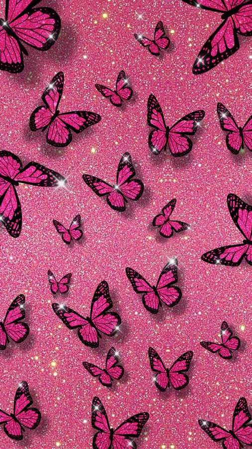 Borboletas rosa com contornos pretos em um fundo rosa brilhante. — Glitter rosa Papéis de Parede