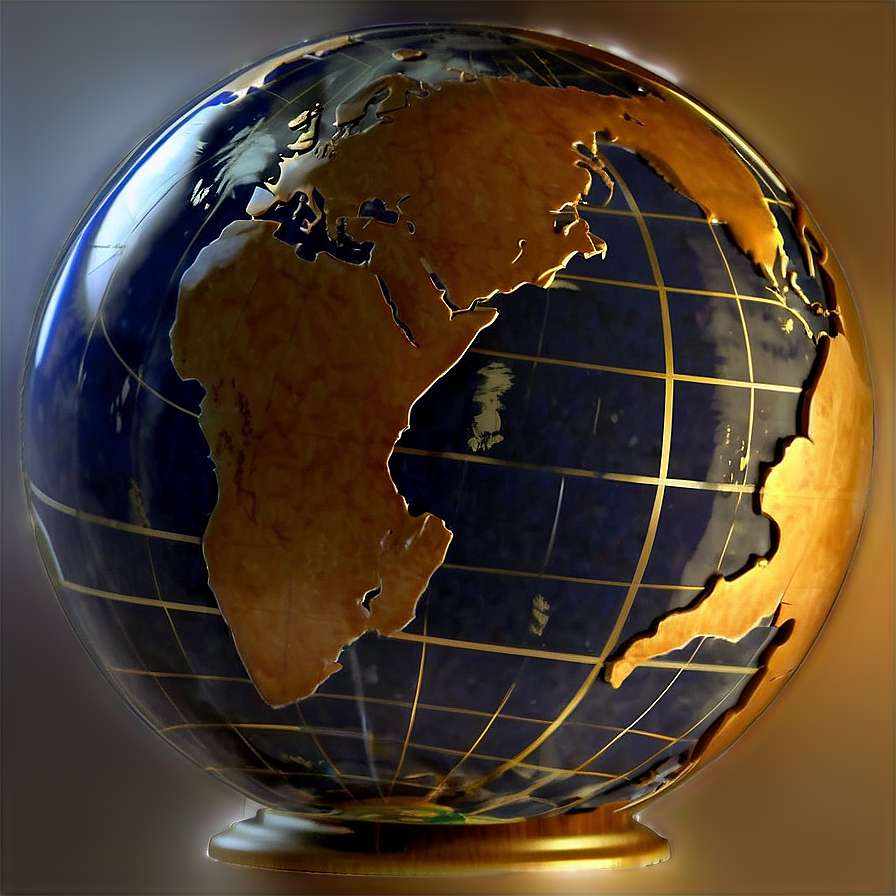 Glossy globe with gold continents and grid lines under warm lighting. — Globe PNG