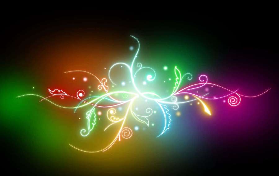 Neon glowing floral swirls with sparkling particles on a dark gradient background. — Glow Background