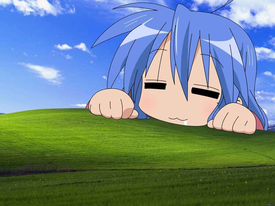 Anime-Mädchen mit blauen Haaren, das an einem sonnigen Tag über einen grasbewachsenen Hügel lugt. — Glücklicher Stern Wallpaper