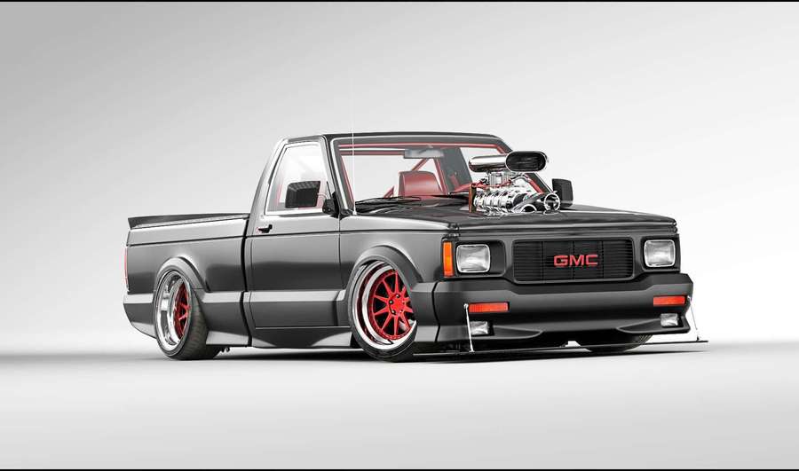 Custom black GMC pickup truck with red wheels and exposed supercharged engine. — Gmc Syclone Wallpaper