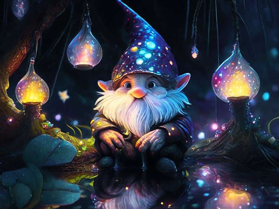 A magical gnome with a starry hat sits under glowing lanterns in a dark forest. — Gnome Wallpaper