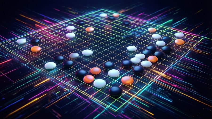 A cyberpunk abstract Go board with glowing stones and neon grid. — Go Wallpaper