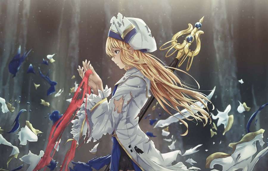 Anime girl in white uniform holding red ribbon amidst swirling golden and blue fragments in forest. — Goblin Slayer Background