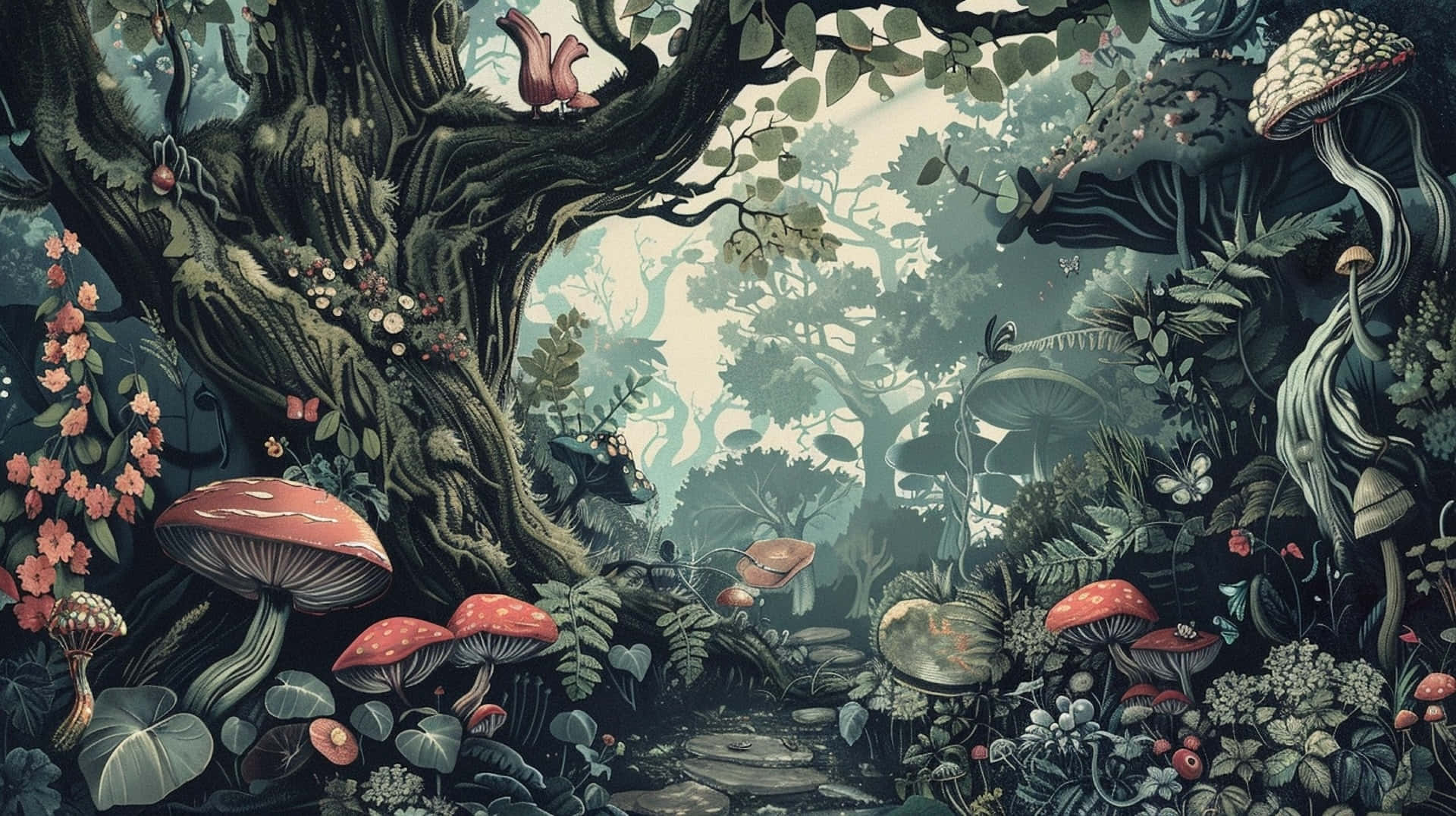 Ein verspielter Waldweg gesäumt von riesigen Pilzen und uralten Bäumen unter Nebel. — Goblincore Wallpaper