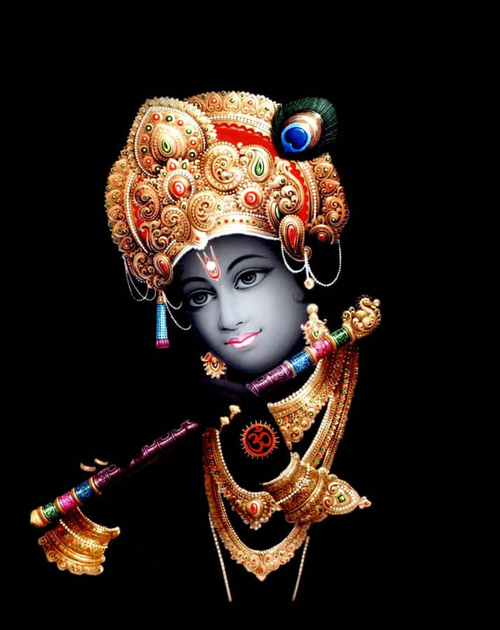 Divine Hindu deity with gray skin wearing golden jewelry and holding a flute. — God Mobile Wallpaper