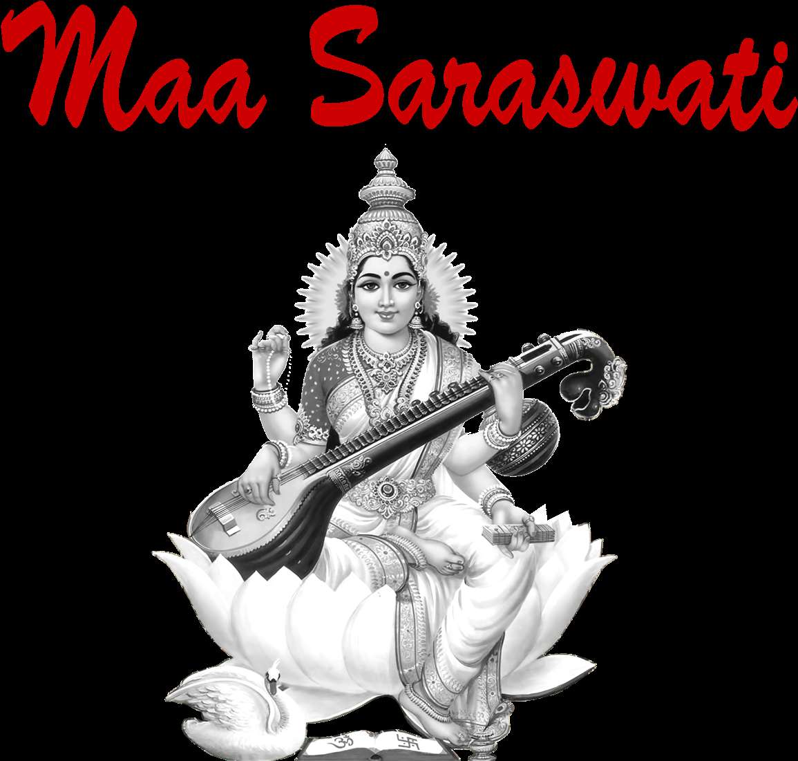 Goddess Saraswati seated on a lotus holding a veena with a swan at her feet. — God PNG