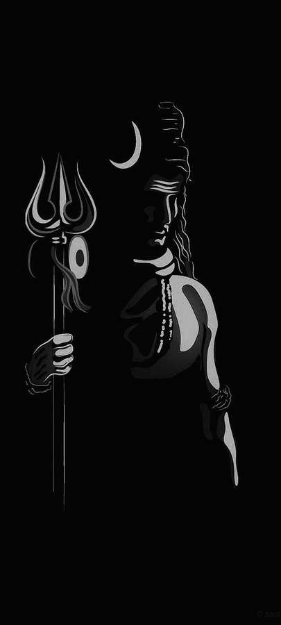 Shiva holding trident with crescent moon above his head in monochrome silhouette. — God Shiva Background
