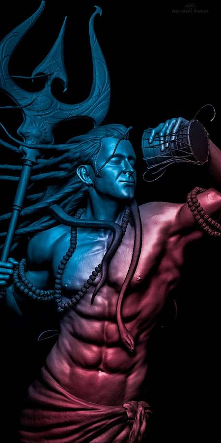 Muscular blue-skinned deity holding trident and drum in dark setting. — God Shiva Wallpaper