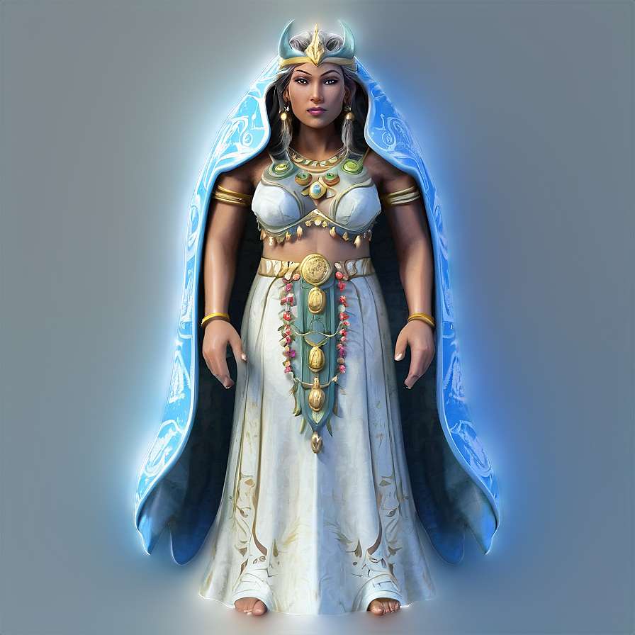 A glowing fantasy queen in ornate blue and gold attire stands poised. — Goddess PNG