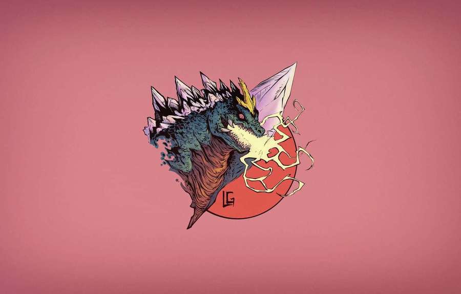 Godzilla ilustrasi menerobos lingkaran merah di latar belakang merah muda — Godzilla Art Wallpaper
