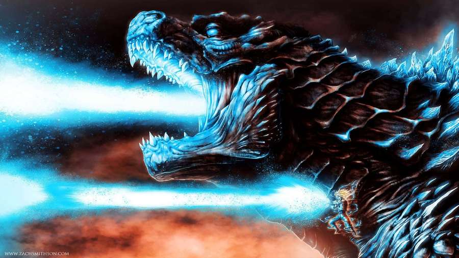 Godzilla firing atomic breath in space with fiery clouds behind. — Godzilla Atomic Breath Wallpaper