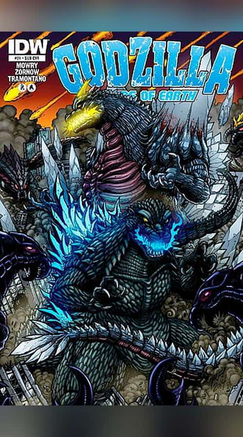 Godzilla fights giant monsters in a ruined city with fiery sky. — Godzilla Comic Wallpaper
