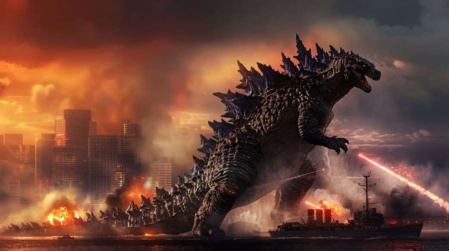 Jätte Godzilla förstör en stad vid solnedgången medan flottans fartyg avfyrar lasrar. — Godzilla Minus One Bakgrundsbilder